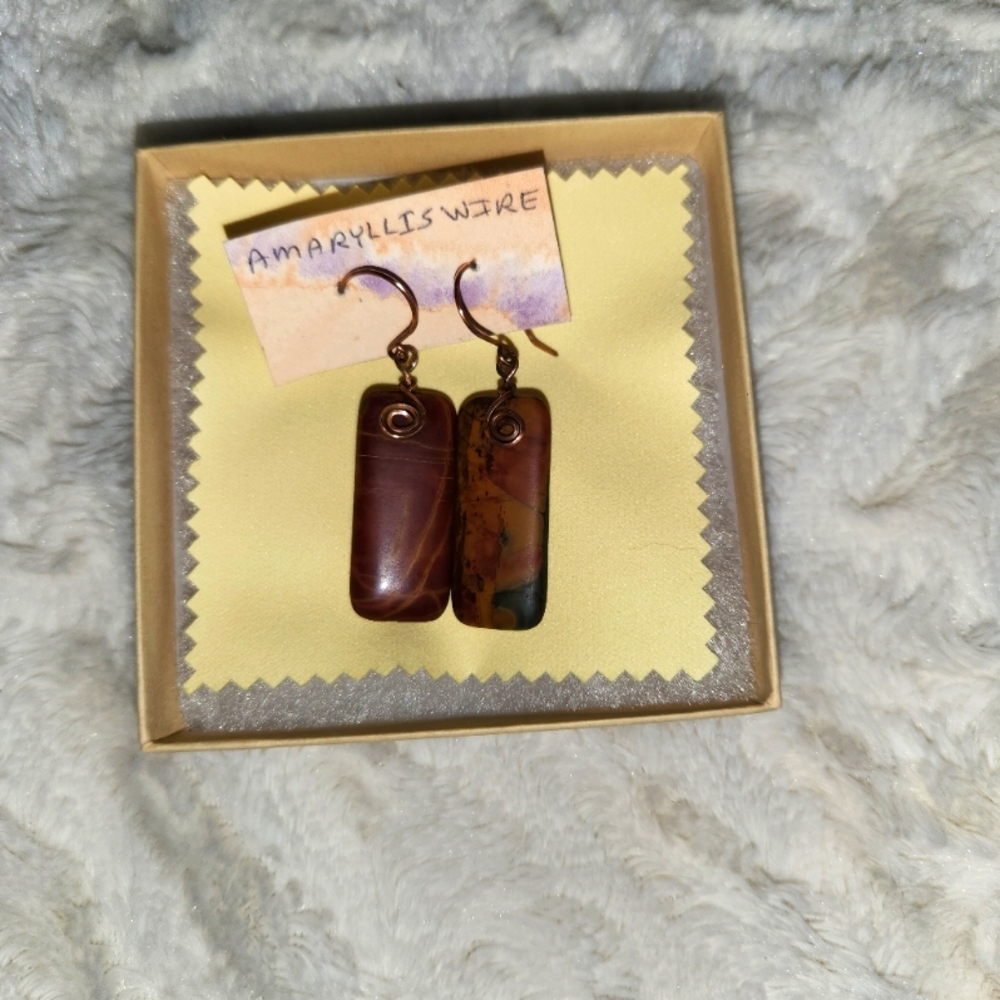 Handmade Natural Gemstone Earrings Copper Wrapped Cherry Creek Jasper
